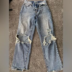 PacSun Blue Straight Leg Jeans with Distressed Details